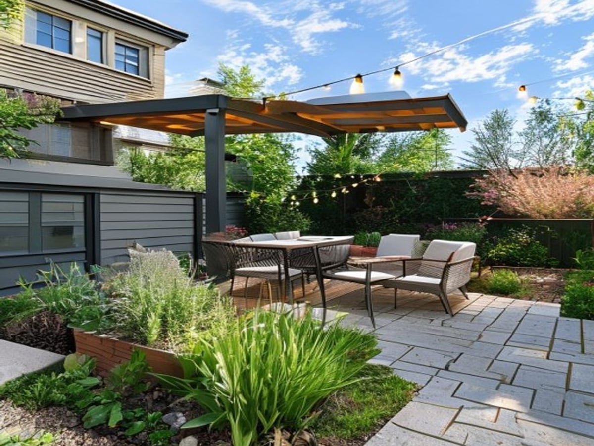 AI patio design concept showing pavers, a seating zone, pergola shade, and planted edges