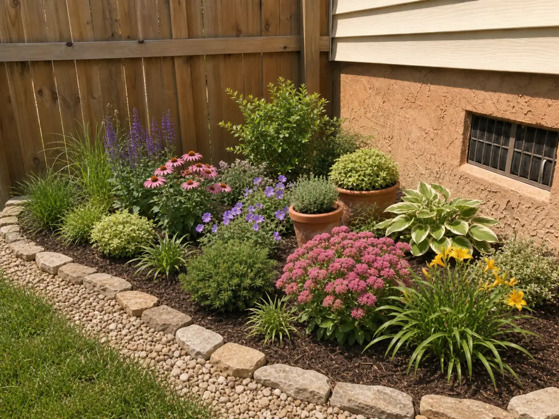Low-maintenance garden bed AI landscape design concept
