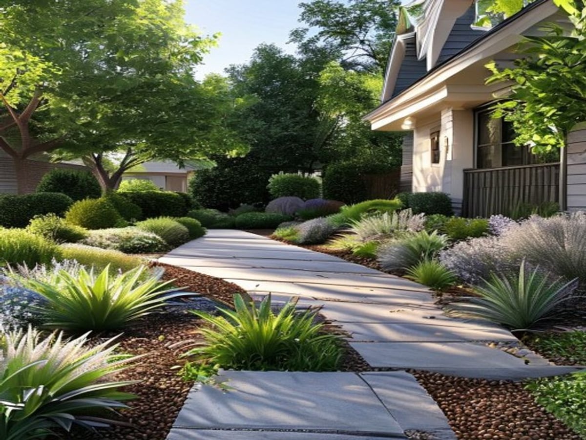 AI front yard design concept showing an entry walkway, layered planting beds, and path lighting