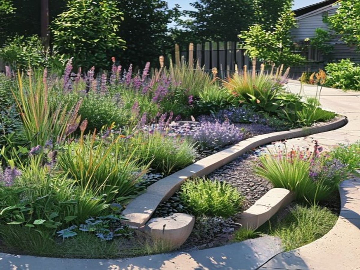 AI garden design concept showing layered perennials, native grasses, and curved planting beds